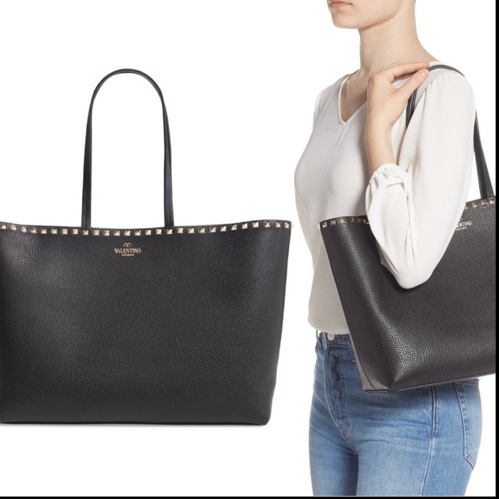 Authentic Black Grained Valentino Garavani Rockstud Leather Tote Bag